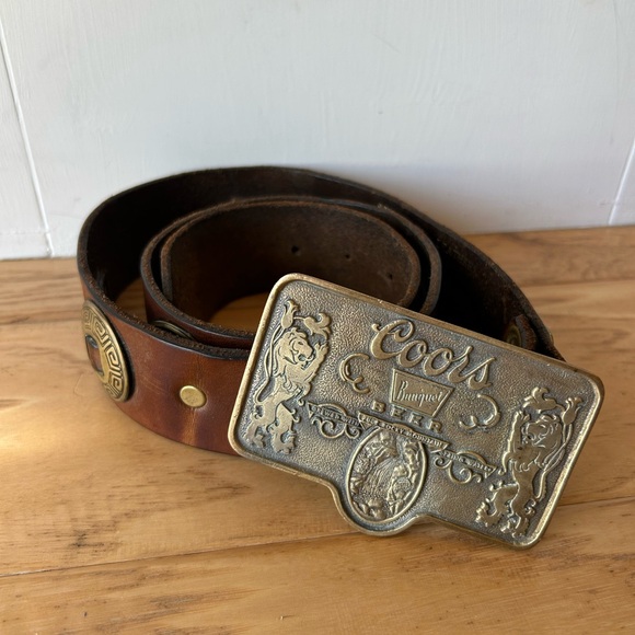Vintage Coors Banquet Beer Brass Buckle & Belt Southwick Leathers Arizona Brown